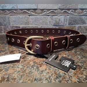 Frye Dark Brown Leather Grommet Belt with Antique Brass Buckle